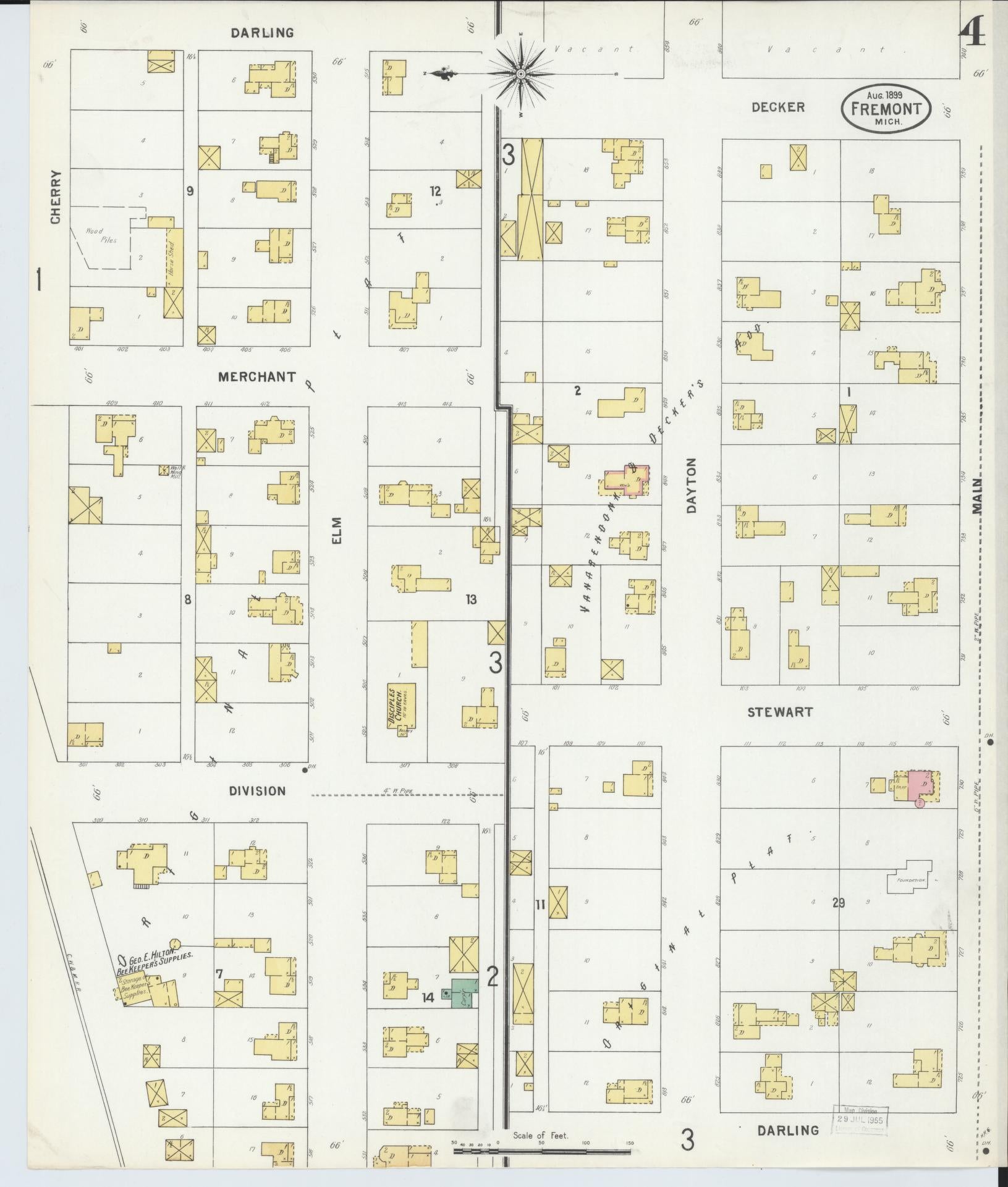 Sanborn Fire Insurance Map from Fremont, Newaygo County, Michigan (1899), Sheet #0004 - Historic Sanborn Fire Insurance Map Print, vintage old map wall art, antique decor, genealogy gift, Michigan Michigan map