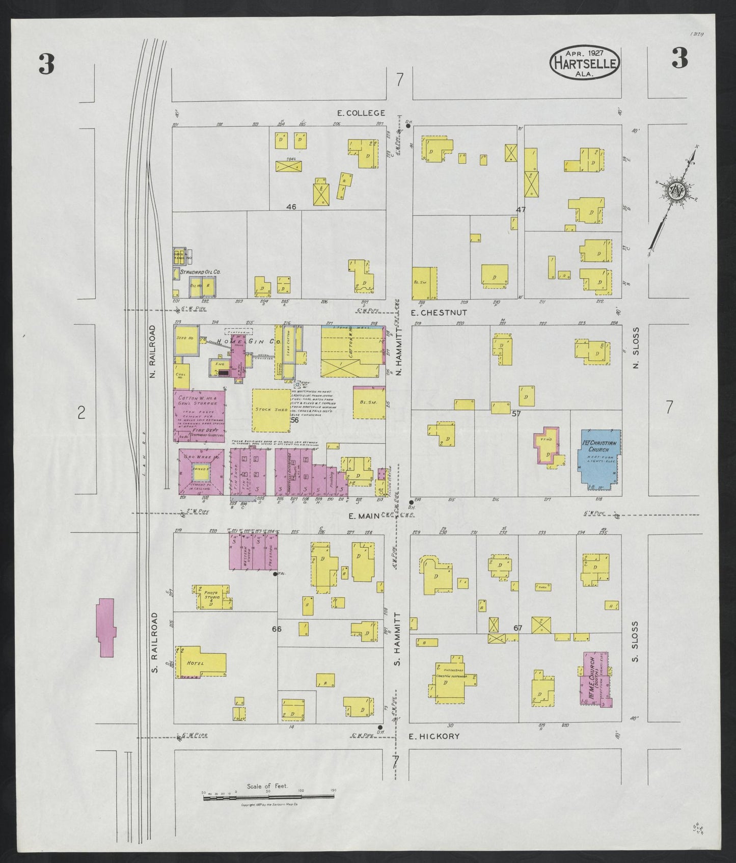 Sanborn Fire Insurance Map from Hartselle, Morgan County, Alabama (1927), Sheet #0003 - Complete Map Set gallery image, historic Sanborn map, vintage wall art, Alabama Alabama