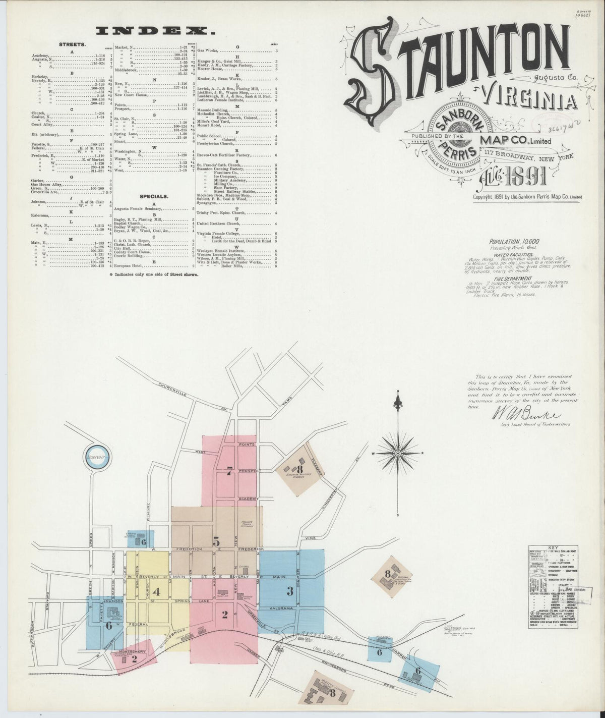 Sanborn Fire Insurance Map from Staunton, Independent Cities, Virginia (1891), Sheet #0001 - Historic Sanborn Fire Insurance Map Print, vintage old map wall art, antique decor, genealogy gift, Virginia Virginia map