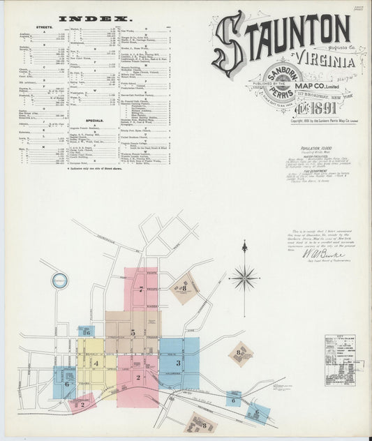 Sanborn Fire Insurance Map from Staunton, Independent Cities, Virginia (1891), Sheet #0001 - Historic Sanborn Fire Insurance Map Print, vintage old map wall art, antique decor, genealogy gift, Virginia Virginia map