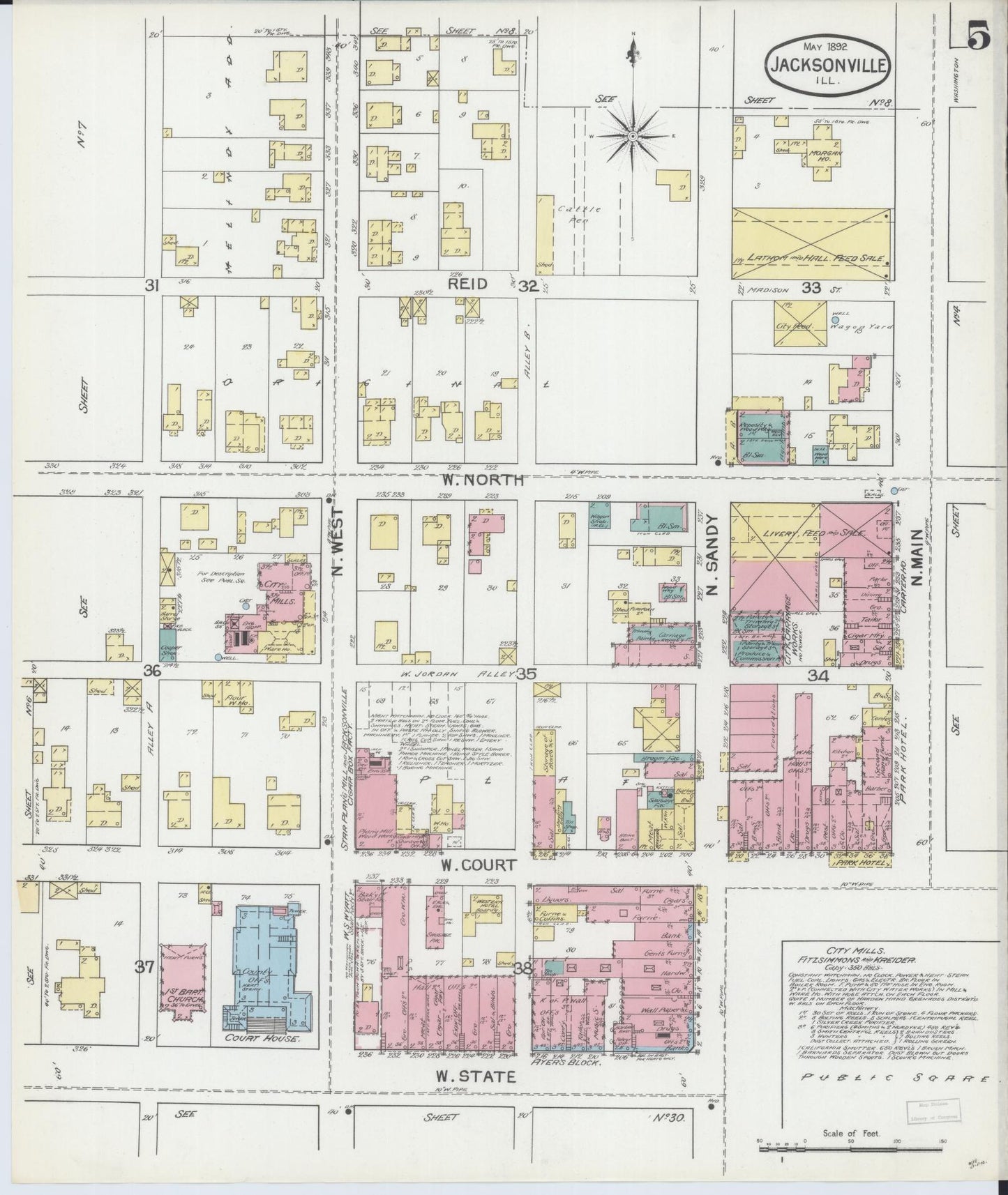Sanborn Fire Insurance Map from Jacksonville, Morgan County, Illinois (1892), Sheet #0005 - Complete Map Set gallery image, historic Sanborn map, vintage wall art, Illinois Illinois