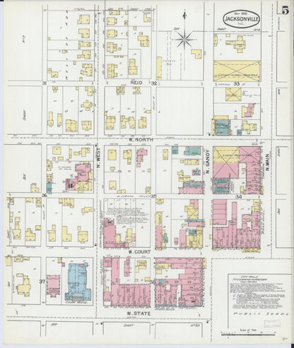 Sanborn Fire Insurance Map from Jacksonville, Morgan County, Illinois (1892), Sheet #0005 - Complete Map Set gallery image, historic Sanborn map, vintage wall art, Illinois Illinois