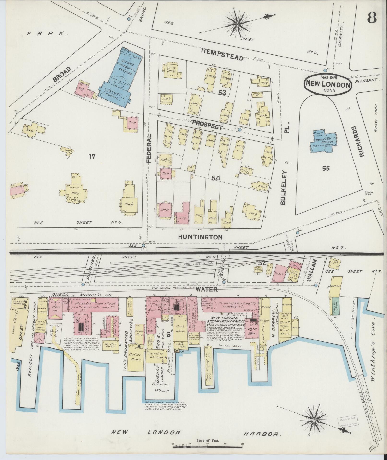 Sanborn Fire Insurance Map from New London, New London County, Connecticut (1891), Sheet #0008 - Complete Map Set gallery image, historic Sanborn map, vintage wall art, Connecticut Connecticut