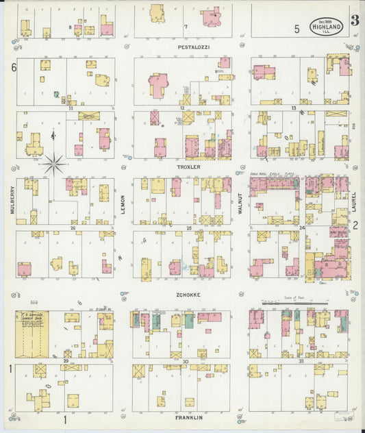 Sanborn Fire Insurance Map from Highland, Madison County, Illinois (1899), Sheet #0003 - Historic Sanborn Fire Insurance Map Print, vintage old map wall art, antique decor, genealogy gift, Illinois Illinois map