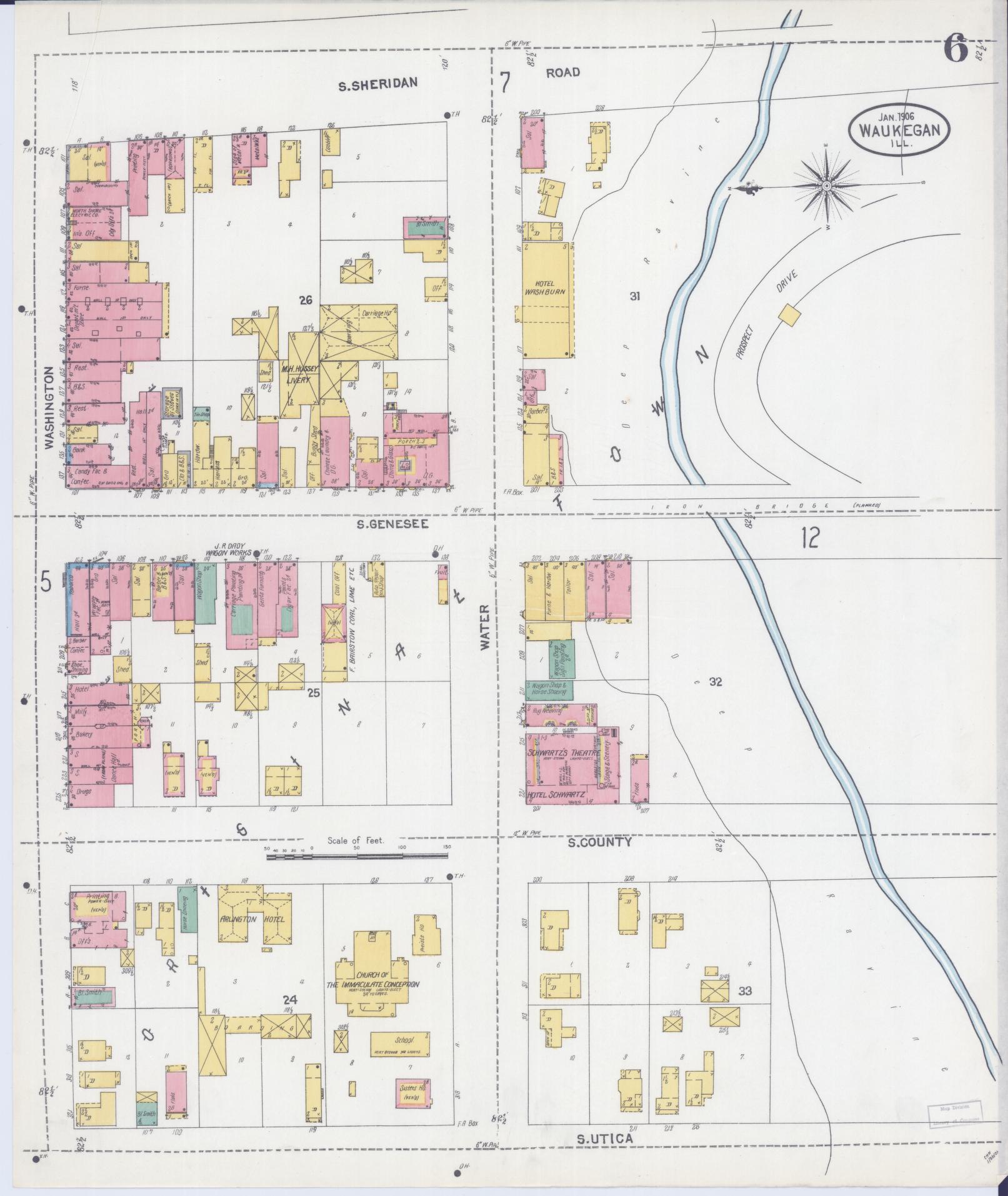 Sanborn Fire Insurance Map from Waukegan, Lake County, Illinois (1906), Sheet #0006 - Complete Map Set gallery image, historic Sanborn map, vintage wall art, Illinois Illinois