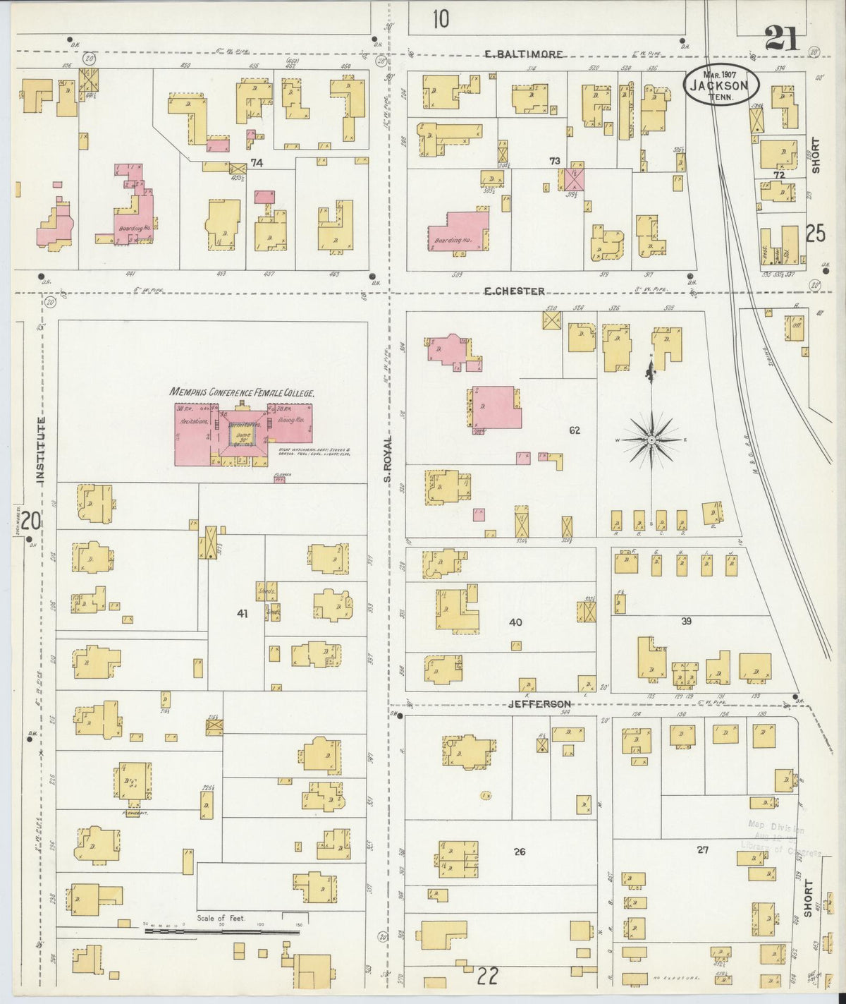 Sanborn Fire Insurance Map from Jackson, Madison County, Tennessee (1907), Sheet #0021 - Historic Sanborn Fire Insurance Map Print, vintage old map wall art, antique decor, genealogy gift, Tennessee Tennessee map