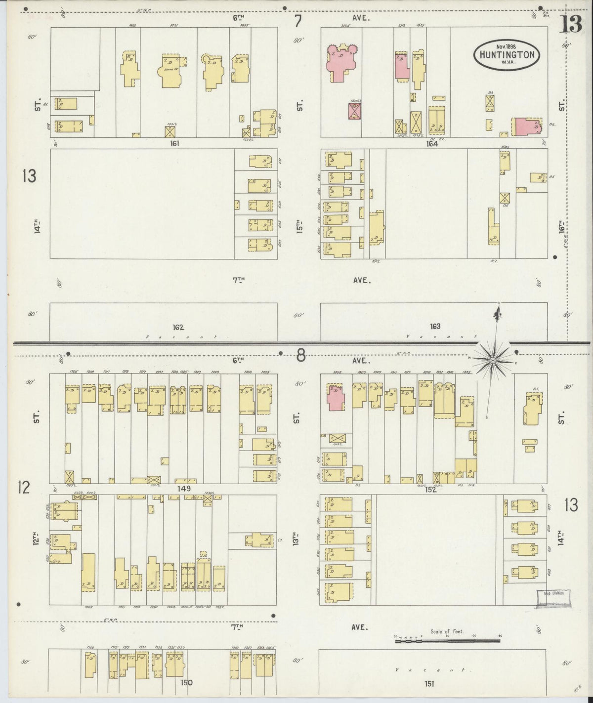 Sanborn Fire Insurance Map from Huntington, Cabell County, West Virginia (1898), Sheet #0013 - Complete Map Set gallery image, historic Sanborn map, vintage wall art, West Virginia West Virginia
