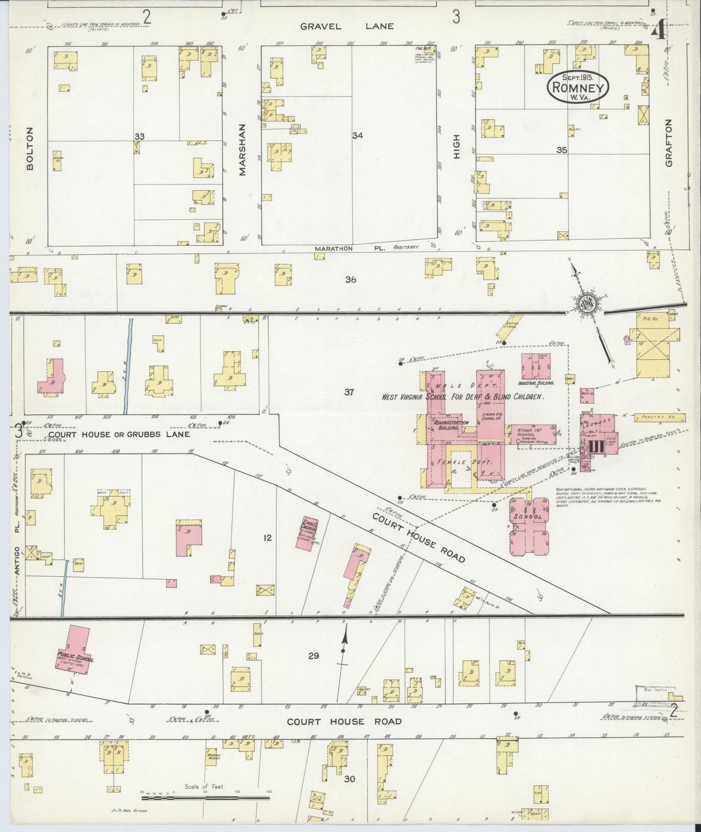Sanborn Fire Insurance Map from Romney, Hampshire County, West Virginia (1915), Sheet #0004 - Historic Sanborn Fire Insurance Map Print, vintage old map wall art, antique decor, genealogy gift, West Virginia West Virginia map