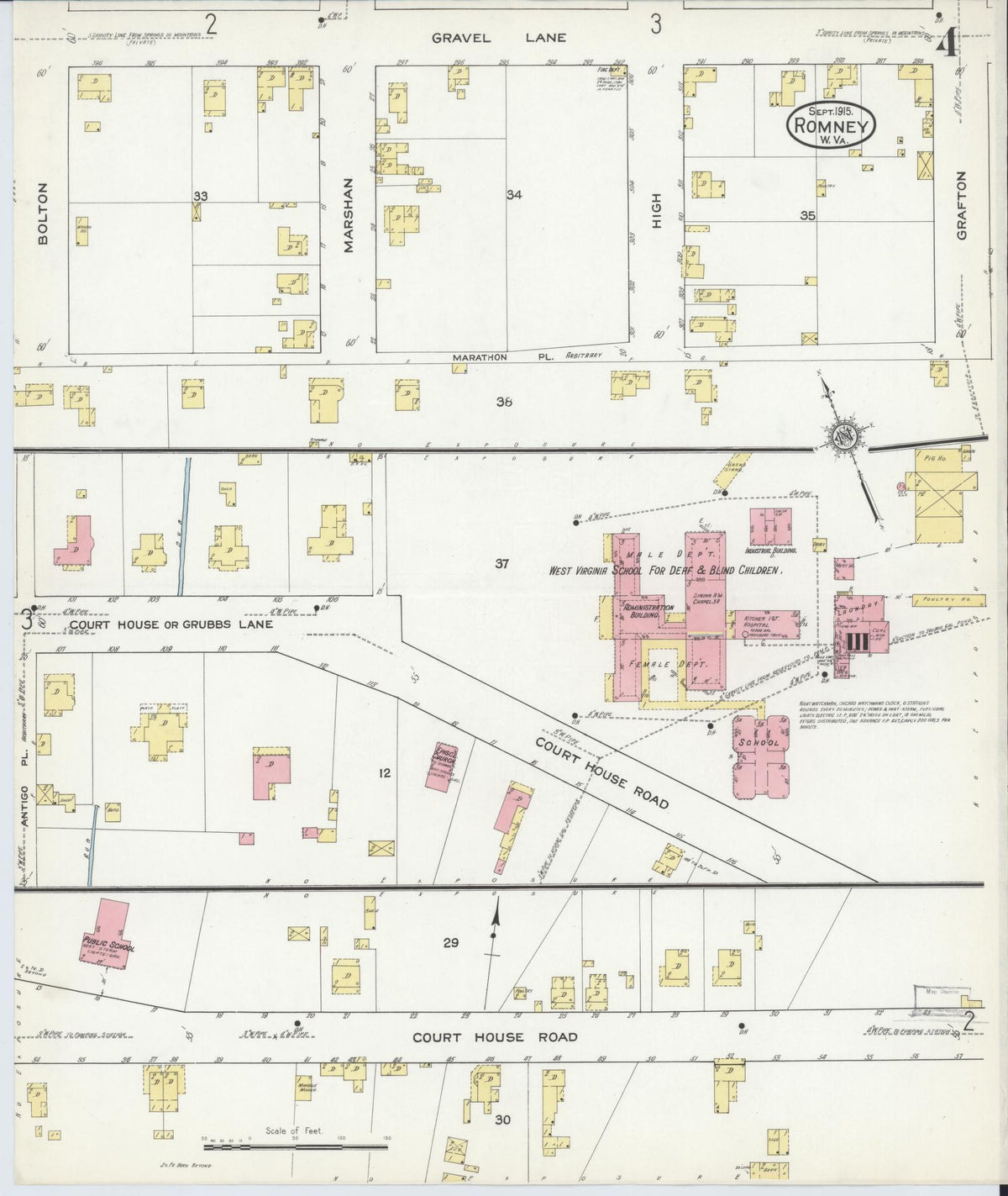 Sanborn Fire Insurance Map from Romney, Hampshire County, West Virginia (1915), Sheet #0004 - Historic Sanborn Fire Insurance Map Print, vintage old map wall art, antique decor, genealogy gift, West Virginia West Virginia map