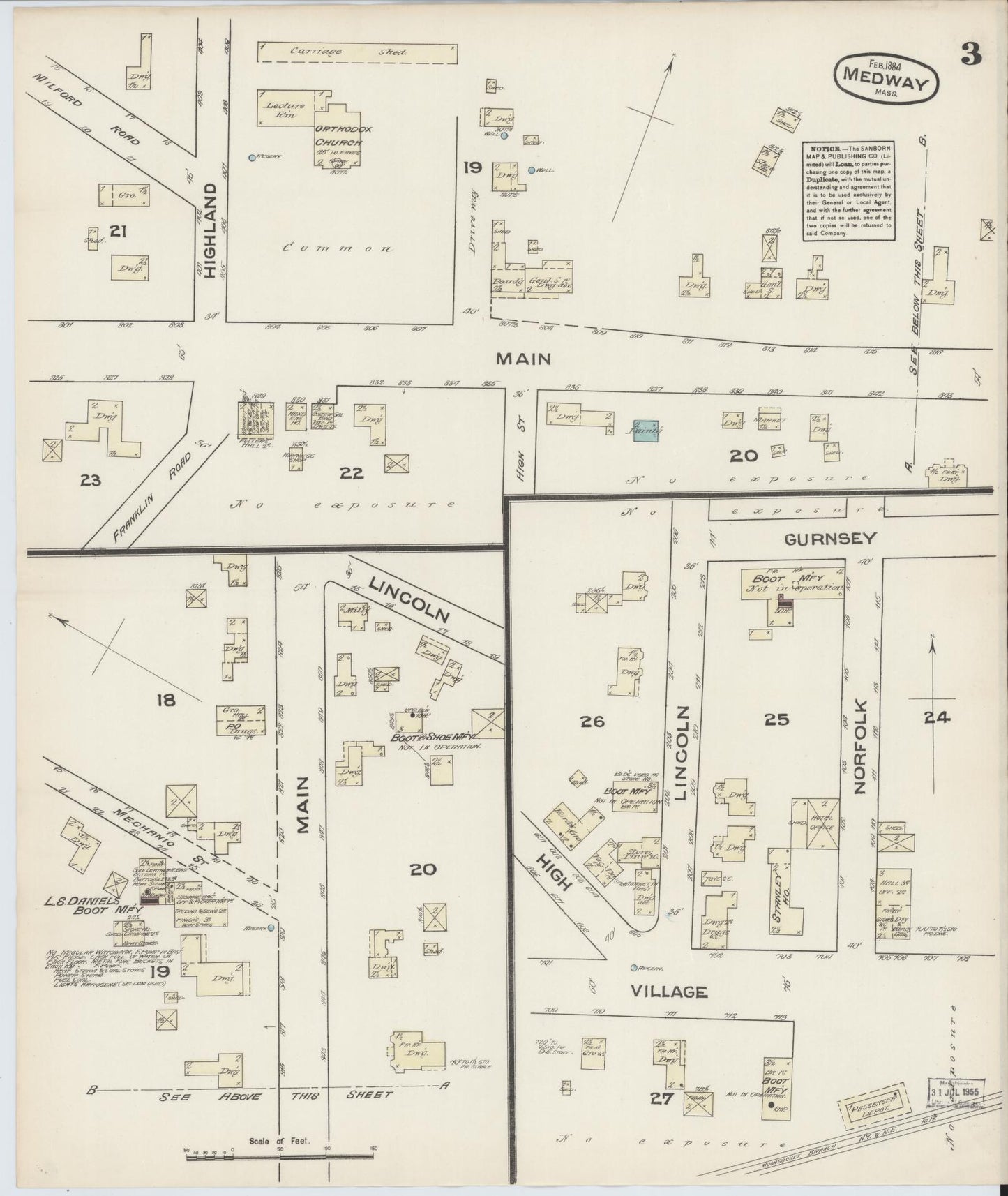 Sanborn Fire Insurance Map from Medway, Norfolk County, Massachusetts (1884), Sheet #0003 - Complete Map Set gallery image, historic Sanborn map, vintage wall art, Massachusetts Massachusetts