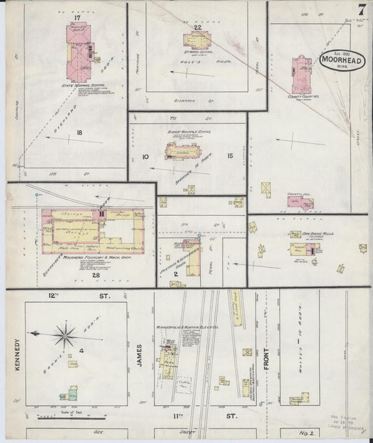Sanborn Fire Insurance Map from Moorhead, Clay County, Minnesota (1890), Sheet #0007 - Historic Sanborn Fire Insurance Map Print, vintage old map wall art, antique decor, genealogy gift, Minnesota Minnesota map
