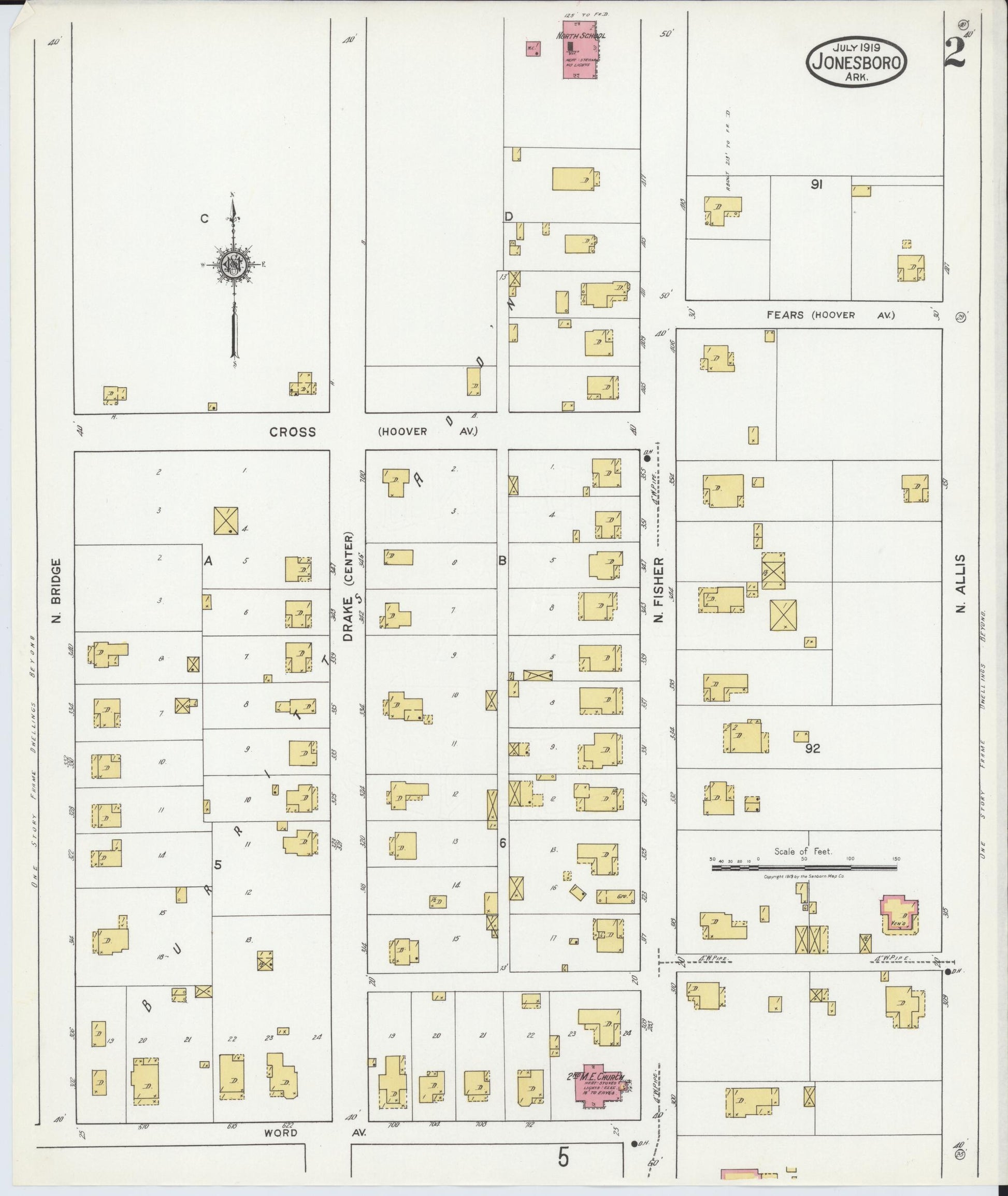 Sanborn Fire Insurance Map from Jonesboro, Craighead County, Arkansas (1919), Sheet #0002 - Complete Map Set gallery image, historic Sanborn map, vintage wall art, Arkansas Arkansas