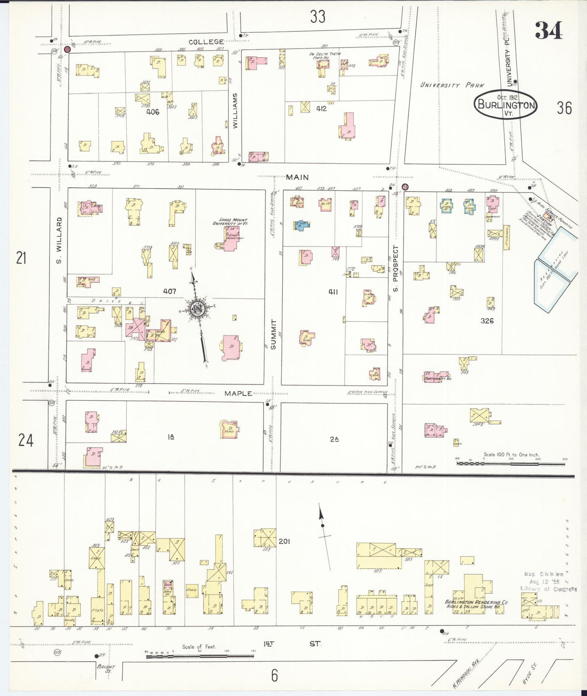 Sanborn Fire Insurance Map from Burlington, Chittenden County, Vermont (1912), Sheet #0034 - Historic Sanborn Fire Insurance Map Print, vintage old map wall art, antique decor, genealogy gift, Vermont Vermont map