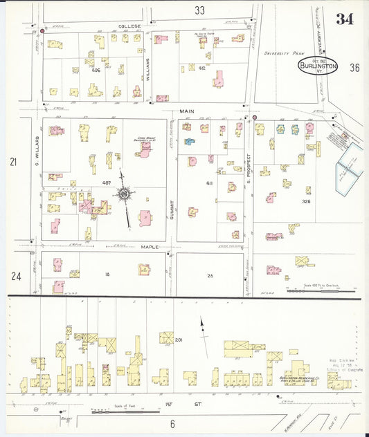 Sanborn Fire Insurance Map from Burlington, Chittenden County, Vermont (1912), Sheet #0034 - Historic Sanborn Fire Insurance Map Print, vintage old map wall art, antique decor, genealogy gift, Vermont Vermont map