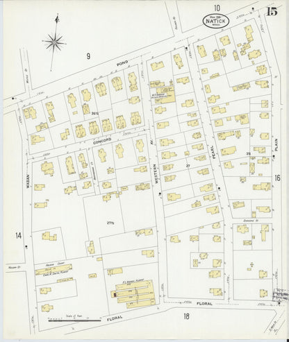Sanborn Fire Insurance Map from Natick, Middlesex County, Massachusetts (1909), Sheet #0015 - Historic Sanborn Fire Insurance Map Print, vintage old map wall art, antique decor, genealogy gift, Massachusetts Massachusetts map
