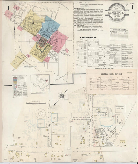 Sanborn Fire Insurance Map from Gladewater, Gregg County, Texas (1938), Sheet #0001 - Historic Sanborn Fire Insurance Map Print, vintage old map wall art, antique decor, genealogy gift, Texas Texas map