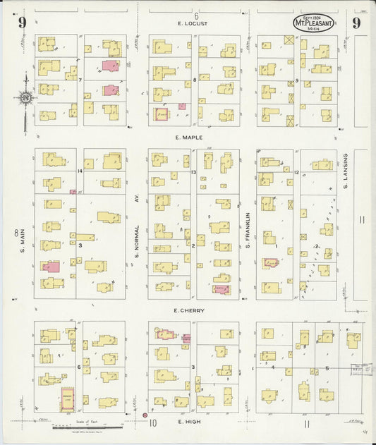 Sanborn Fire Insurance Map from Mount Pleasant, Isabella County, Michigan (1924), Sheet #0009 - Historic Sanborn Fire Insurance Map Print, vintage old map wall art, antique decor, genealogy gift, Michigan Michigan map