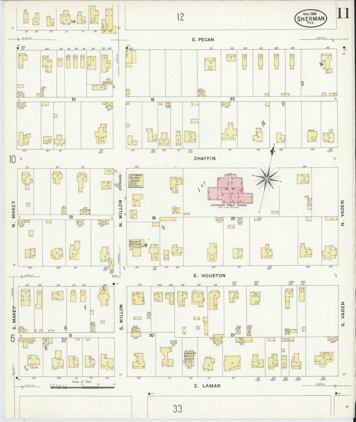 Sanborn Fire Insurance Map from Sherman, Grayson County, Texas (1908), Sheet #0011 - Complete Map Set gallery image, historic Sanborn map, vintage wall art, Texas Texas