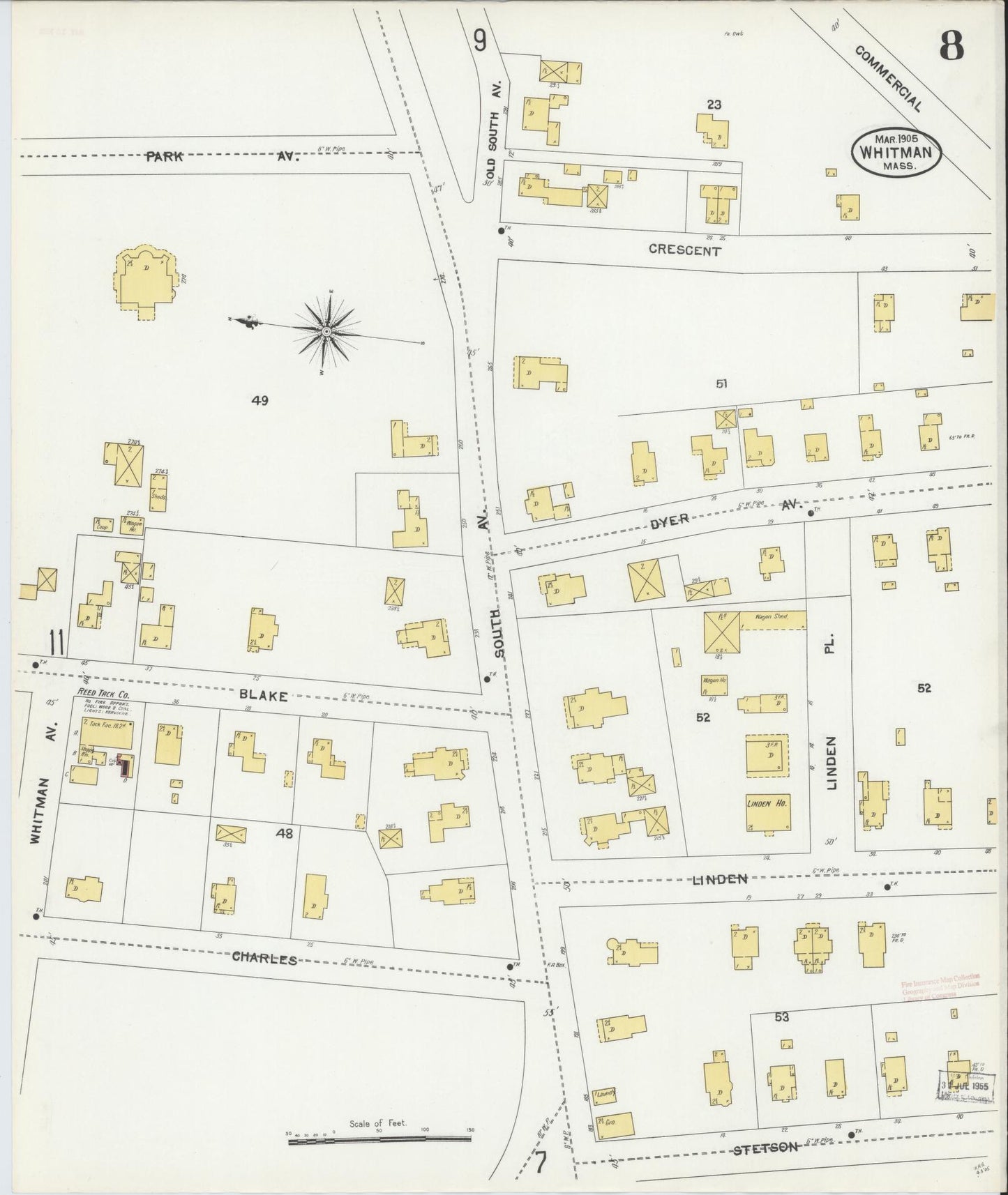 Sanborn Fire Insurance Map from Whitman, Plymouth County, Massachusetts (1905), Sheet #0008 - Complete Map Set gallery image, historic Sanborn map, vintage wall art, Massachusetts Massachusetts