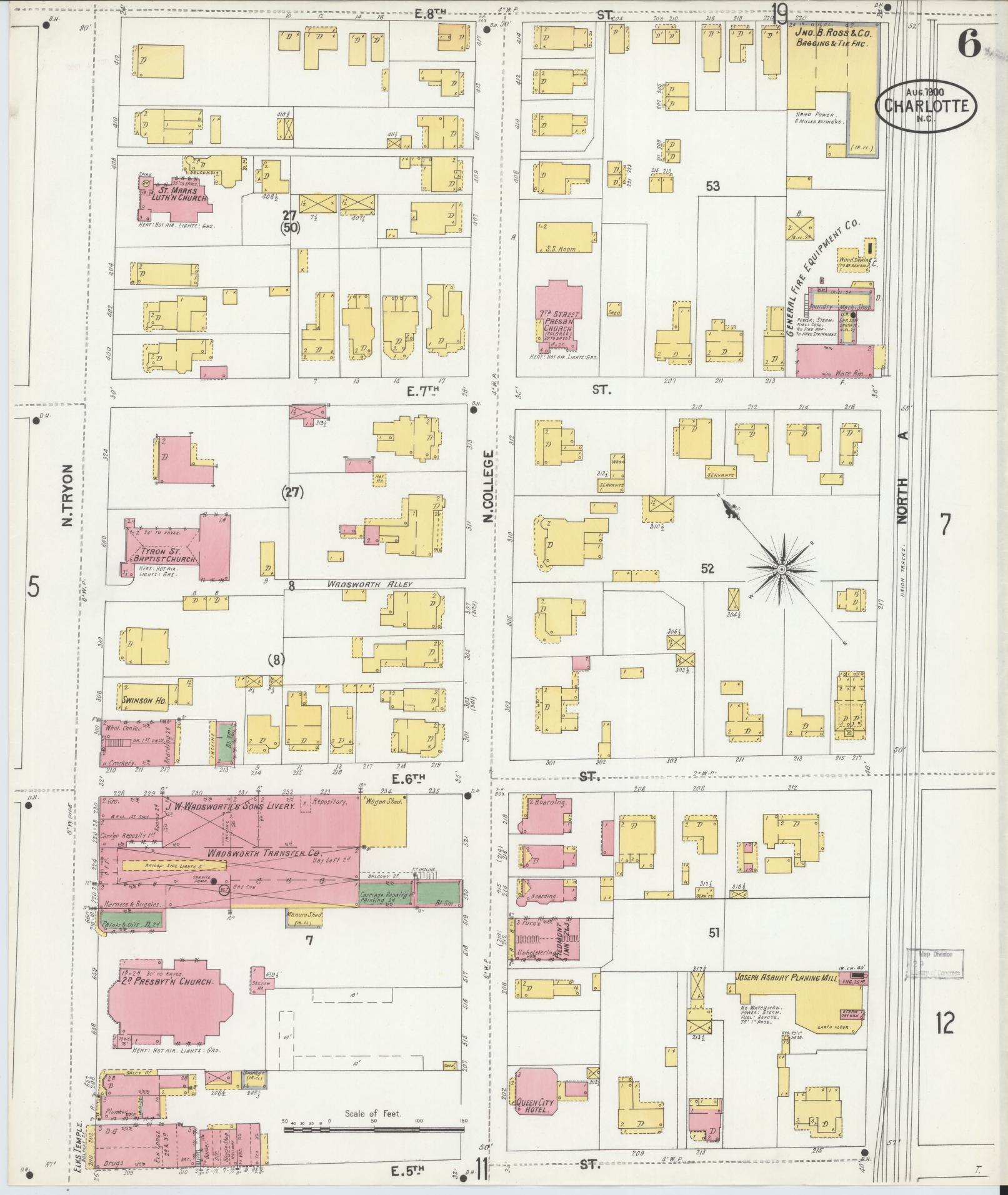Sanborn Fire Insurance Map from Charlotte, Mecklenburg County, North Carolina (1900), Sheet #0006 - Complete Map Set gallery image, historic Sanborn map, vintage wall art, North Carolina North Carolina