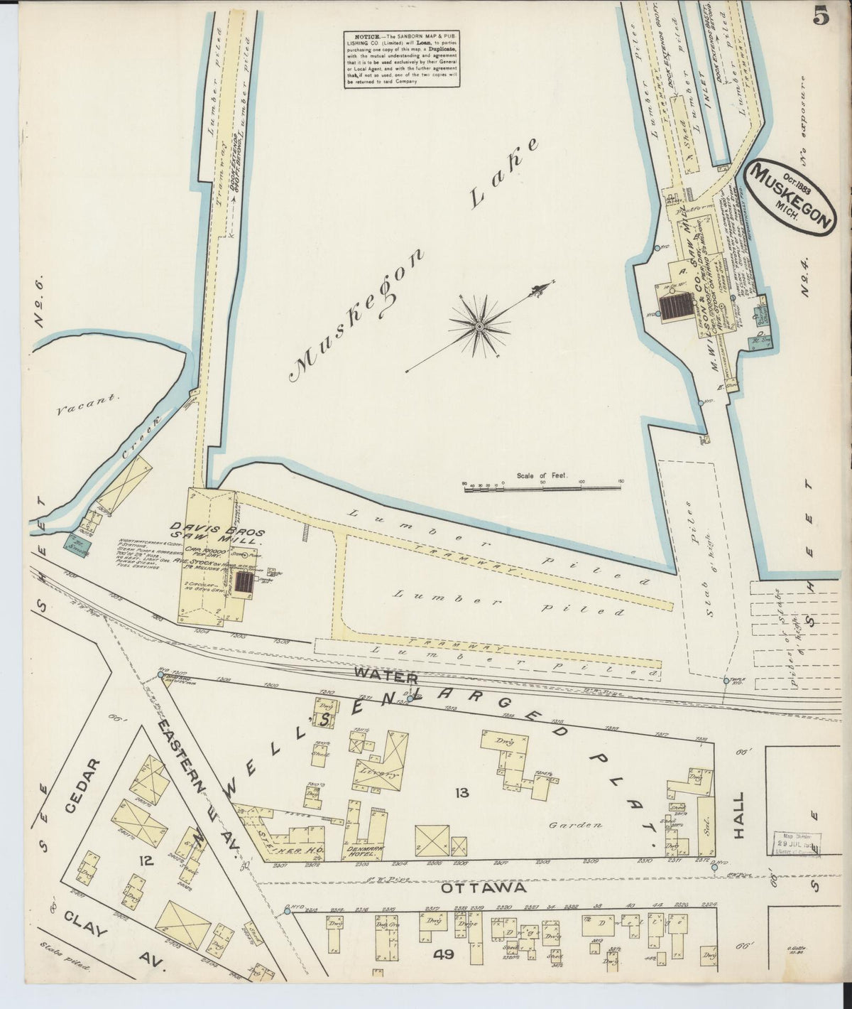 Sanborn Fire Insurance Map from Muskegon, Muskegon County, Michigan (1883), Sheet #0005 - Historic Sanborn Fire Insurance Map Print, vintage old map wall art, antique decor, genealogy gift, Michigan Michigan map