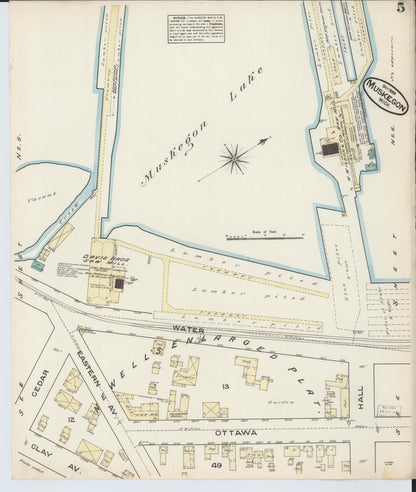 Sanborn Fire Insurance Map from Muskegon, Muskegon County, Michigan (1883), Sheet #0005 - Historic Sanborn Fire Insurance Map Print, vintage old map wall art, antique decor, genealogy gift, Michigan Michigan map