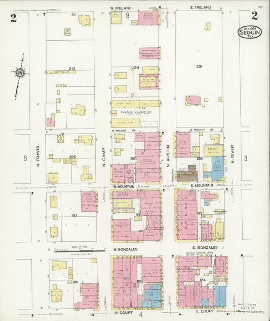 Sanborn Fire Insurance Map from Seguin, Guadalupe County, Texas (1924), Sheet #0002 - Historic Sanborn Fire Insurance Map Print, vintage old map wall art, antique decor, genealogy gift, Texas Texas map