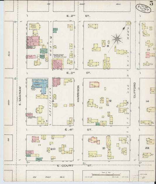 Sanborn Fire Insurance Map from Flint, Genesee County, Michigan (1886), Sheet #0005 - Historic Sanborn Fire Insurance Map Print, vintage old map wall art, antique decor, genealogy gift, Michigan Michigan map