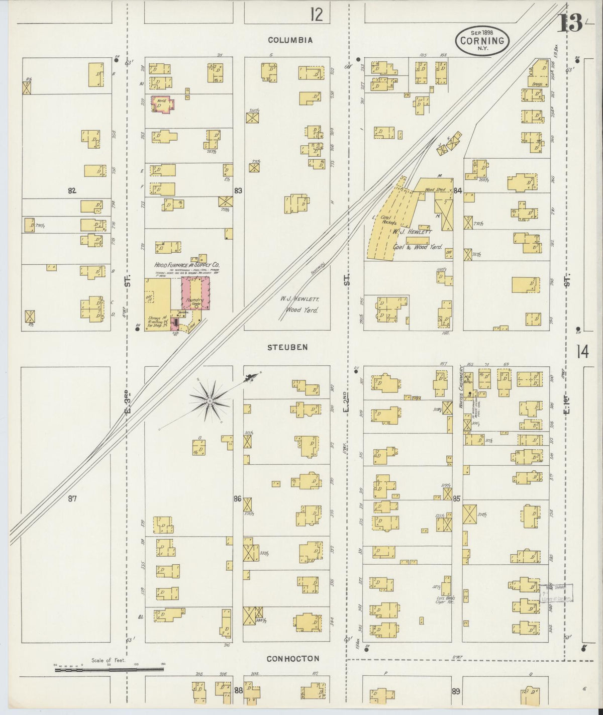 Sanborn Fire Insurance Map from Corning, Steuben County, New York (1898), Sheet #0013 - Historic Sanborn Fire Insurance Map Print, vintage old map wall art, antique decor, genealogy gift, New York New York map