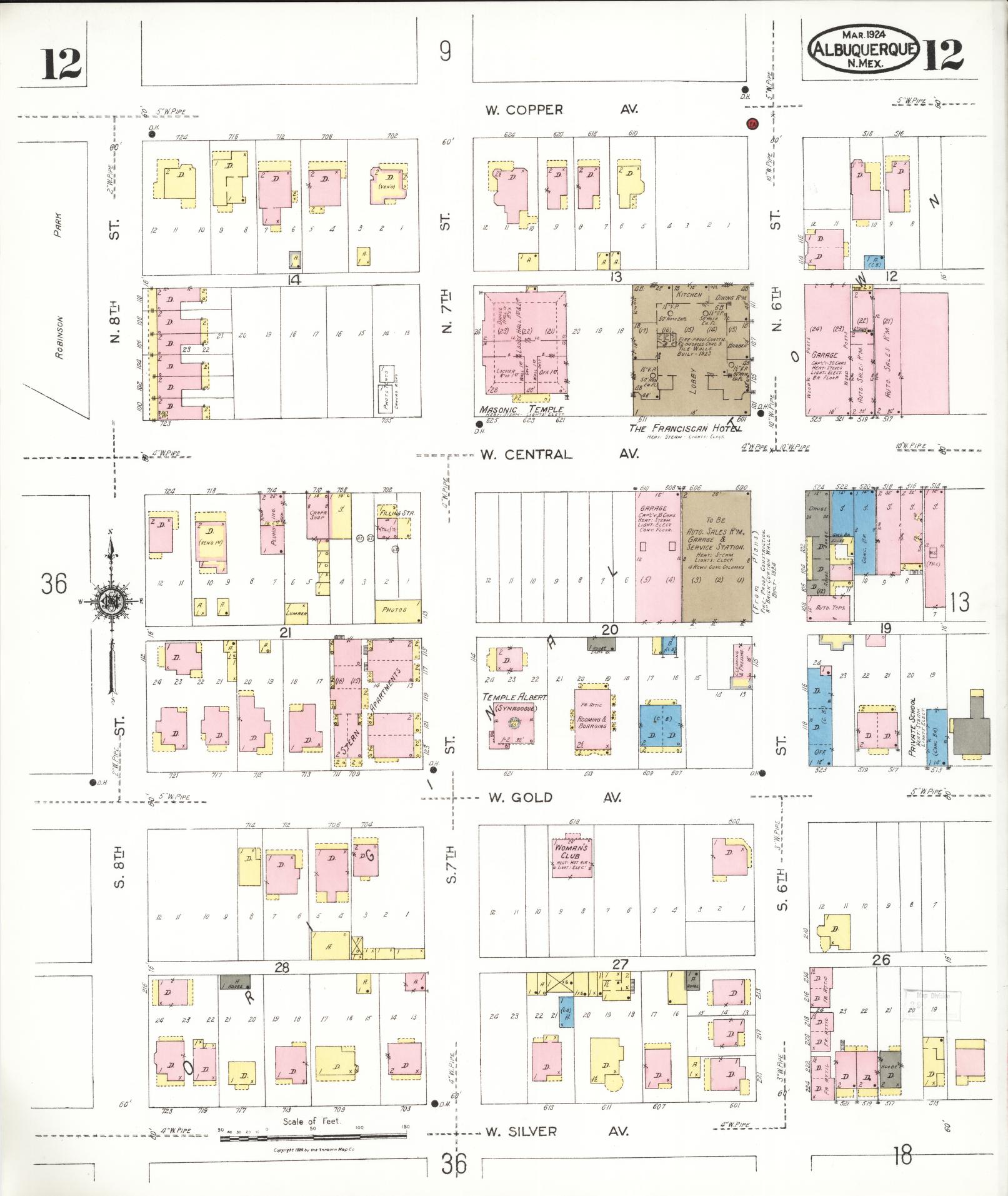 Sanborn Fire Insurance Map from Albuquerque, Bernalillo County, New Mexico (1924), Sheet #0012 - Historic Sanborn Fire Insurance Map Print, vintage old map wall art, antique decor, genealogy gift, New Mexico New Mexico map
