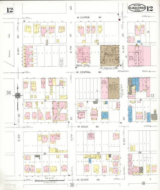 Sanborn Fire Insurance Map from Albuquerque, Bernalillo County, New Mexico (1924), Sheet #0012 - Historic Sanborn Fire Insurance Map Print, vintage old map wall art, antique decor, genealogy gift, New Mexico New Mexico map