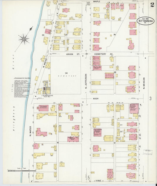 Sanborn Fire Insurance Map from Kittanning, Armstrong County, Pennsylvania (1909), Sheet #0002 - Historic Sanborn Fire Insurance Map Print, vintage old map wall art, antique decor, genealogy gift, Pennsylvania Pennsylvania map
