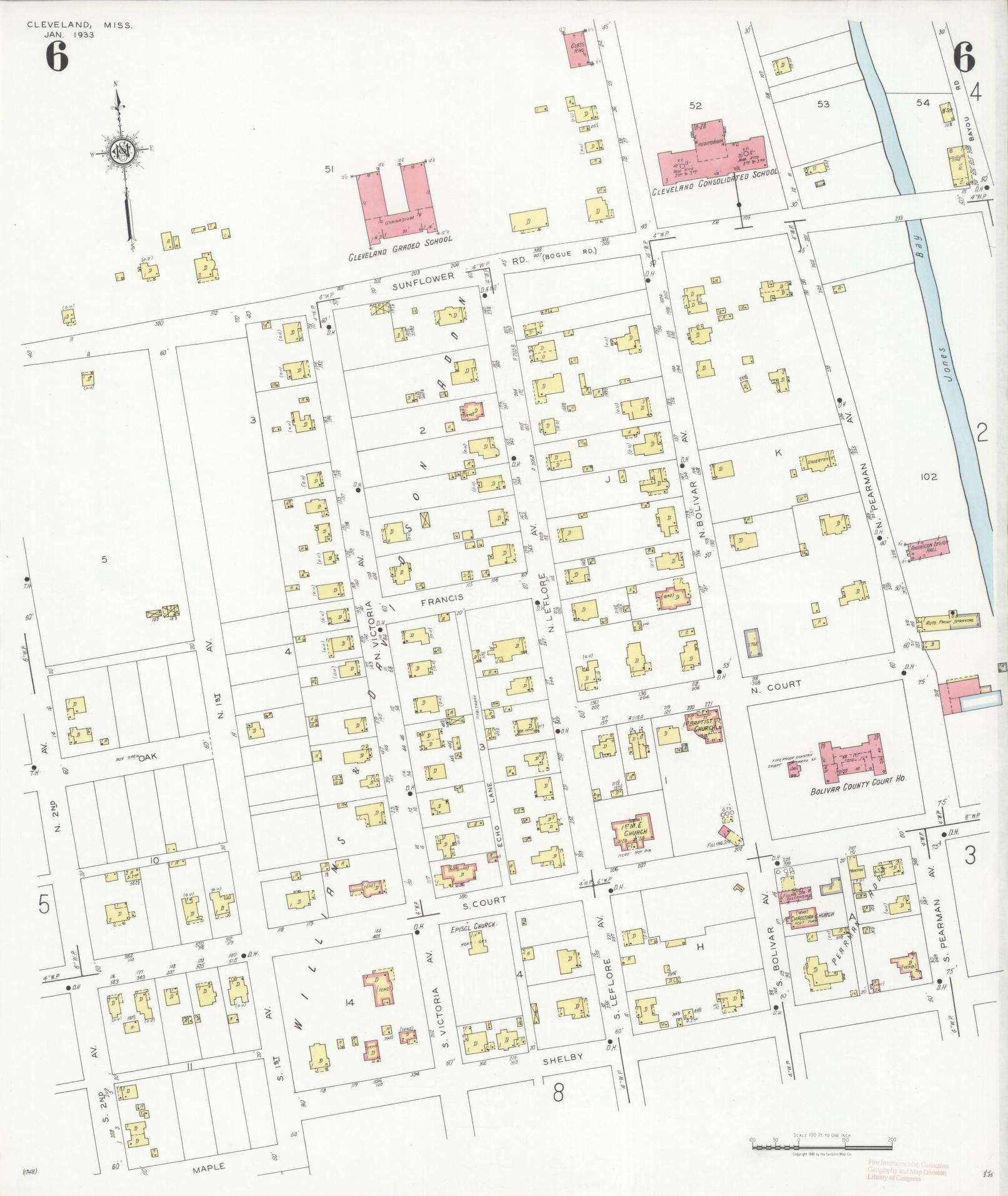 Sanborn Fire Insurance Map from Cleveland, Bolivar County, Mississippi (1933), Sheet #0006 - Complete Map Set gallery image, historic Sanborn map, vintage wall art, Mississippi Mississippi