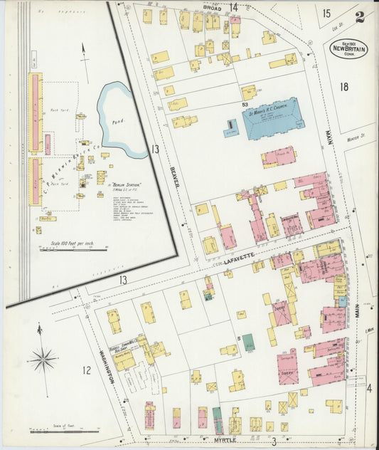 Sanborn Fire Insurance Map from New Britain, Hartford County, Connecticut (1901), Sheet #0002 - Complete Map Set gallery image, historic Sanborn map, vintage wall art, Connecticut Connecticut