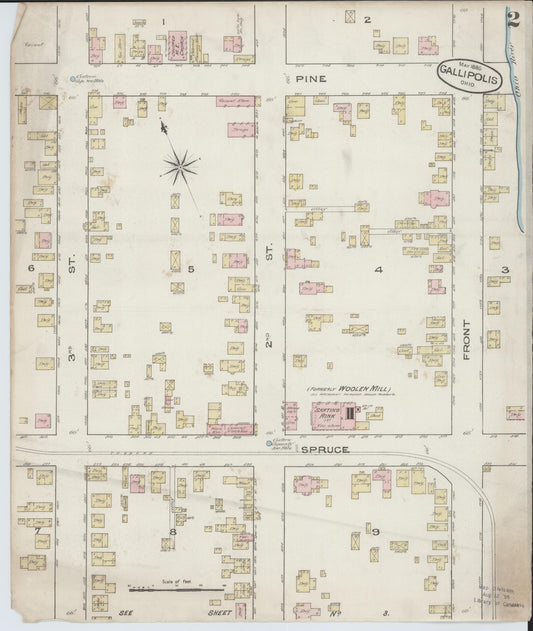 Sanborn Fire Insurance Map from Gallipolis, Gallia County, Ohio (1885), Sheet #0002 - Historic Sanborn Fire Insurance Map Print, vintage old map wall art, antique decor, genealogy gift, Ohio Ohio map