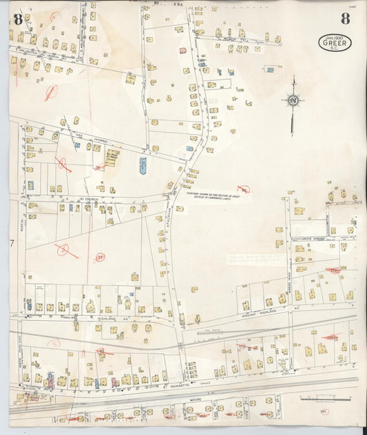 Sanborn Fire Insurance Map from Greer, Greenville and Spartanburg Counties, South Carolina (1951), Sheet #0008 - Historic Sanborn Fire Insurance Map Print, vintage old map wall art, antique decor, genealogy gift, South Carolina South Carolina map