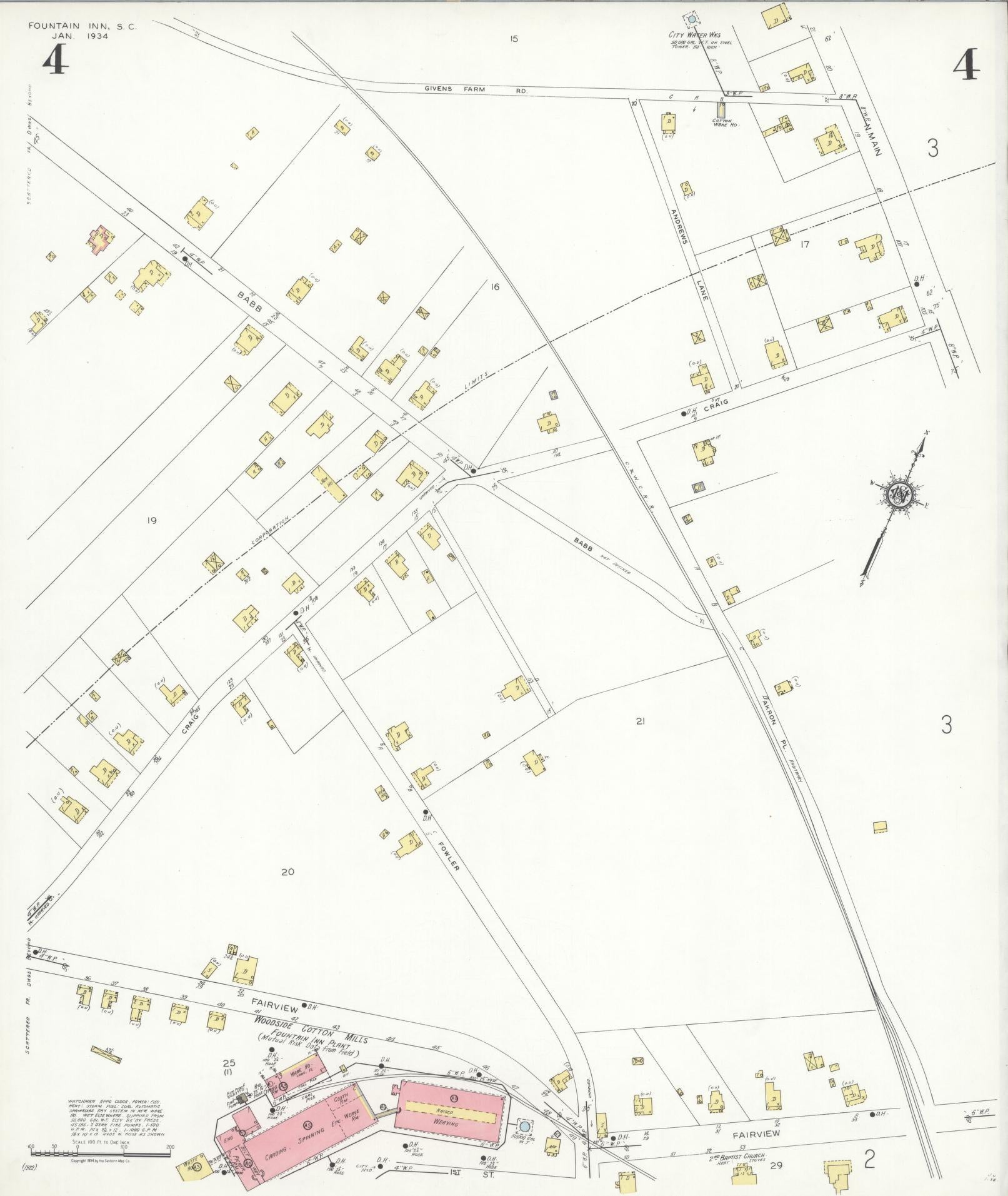 Sanborn Fire Insurance Map from Fountain Inn, Greenville And Laurens County, South Carolina (1934), Sheet #0004 - Historic Sanborn Fire Insurance Map Print, vintage old map wall art, antique decor, genealogy gift, South Carolina South Carolina map