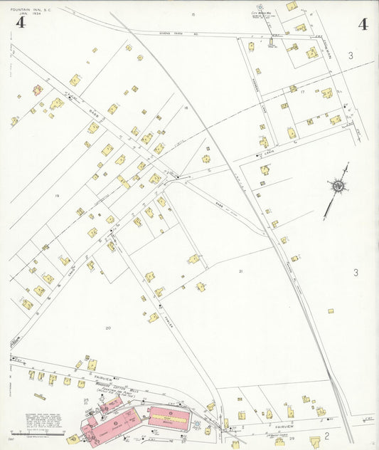 Sanborn Fire Insurance Map from Fountain Inn, Greenville And Laurens County, South Carolina (1934), Sheet #0004 - Historic Sanborn Fire Insurance Map Print, vintage old map wall art, antique decor, genealogy gift, South Carolina South Carolina map