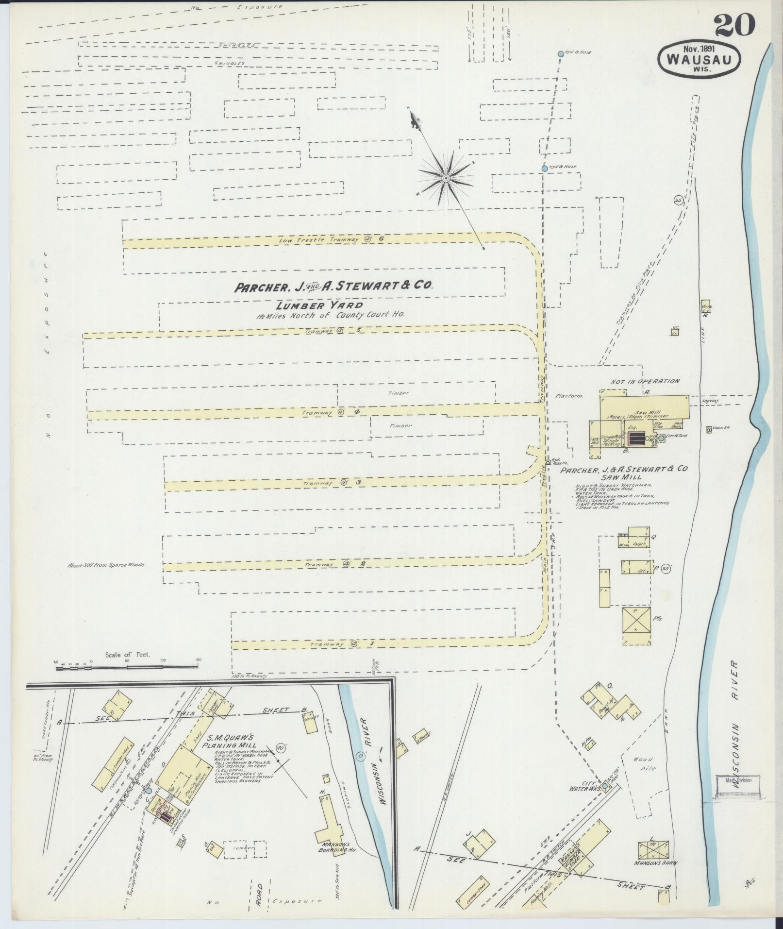 Sanborn Fire Insurance Map from Wausau, Marathon County, Wisconsin (1891), Sheet #0020 - Historic Sanborn Fire Insurance Map Print, vintage old map wall art, antique decor, genealogy gift, Wisconsin Wisconsin map