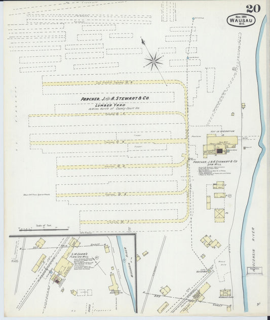 Sanborn Fire Insurance Map from Wausau, Marathon County, Wisconsin (1891), Sheet #0020 - Historic Sanborn Fire Insurance Map Print, vintage old map wall art, antique decor, genealogy gift, Wisconsin Wisconsin map