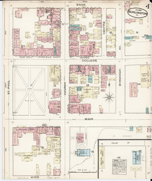 Sanborn Fire Insurance Map from Burlington, Chittenden County, Vermont (1885), Sheet #0004 - Historic Sanborn Fire Insurance Map Print, vintage old map wall art, antique decor, genealogy gift, Vermont Vermont map