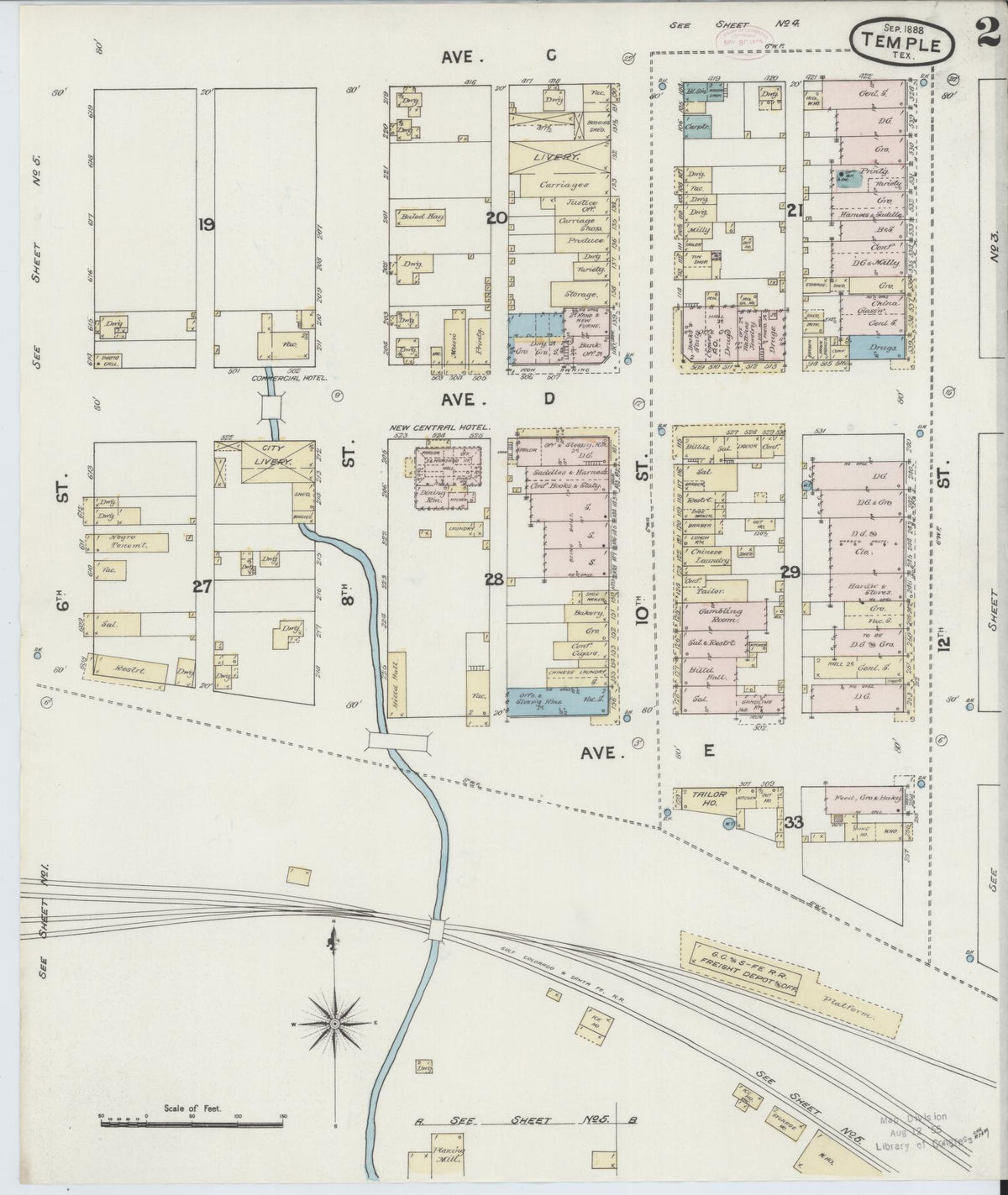 Sanborn Fire Insurance Map from Temple, Bell County, Texas (1888), Sheet #0002 - Historic Sanborn Fire Insurance Map Print, vintage old map wall art, antique decor, genealogy gift, Texas Texas map