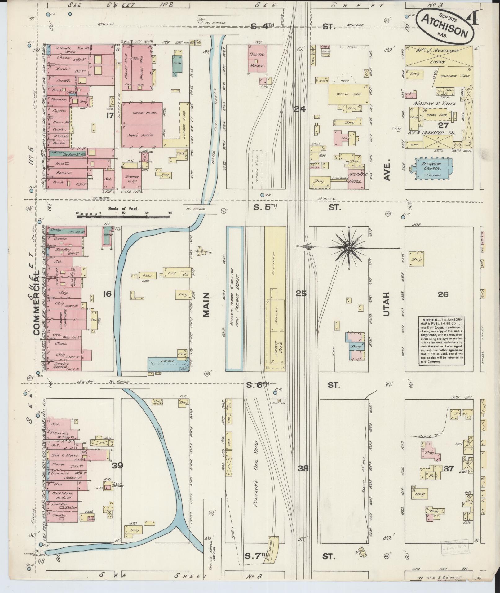 Sanborn Fire Insurance Map from Atchison, Atchison County, Kansas (1883), Sheet #0004 - Historic Sanborn Fire Insurance Map Print, vintage old map wall art, antique decor, genealogy gift, Kansas Kansas map