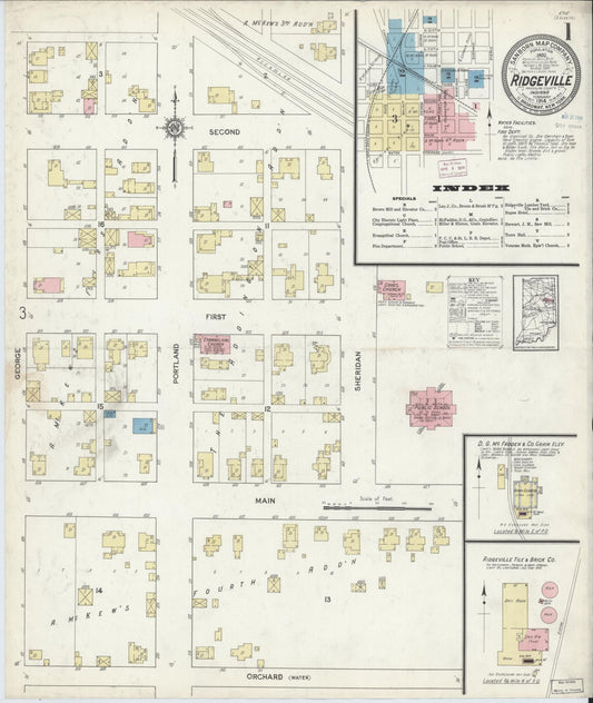 Sanborn Fire Insurance Map from Ridgeville, Randolph County, Indiana (1914), Sheet #0001 - Historic Sanborn Fire Insurance Map Print, vintage old map wall art, antique decor, genealogy gift, Indiana Indiana map