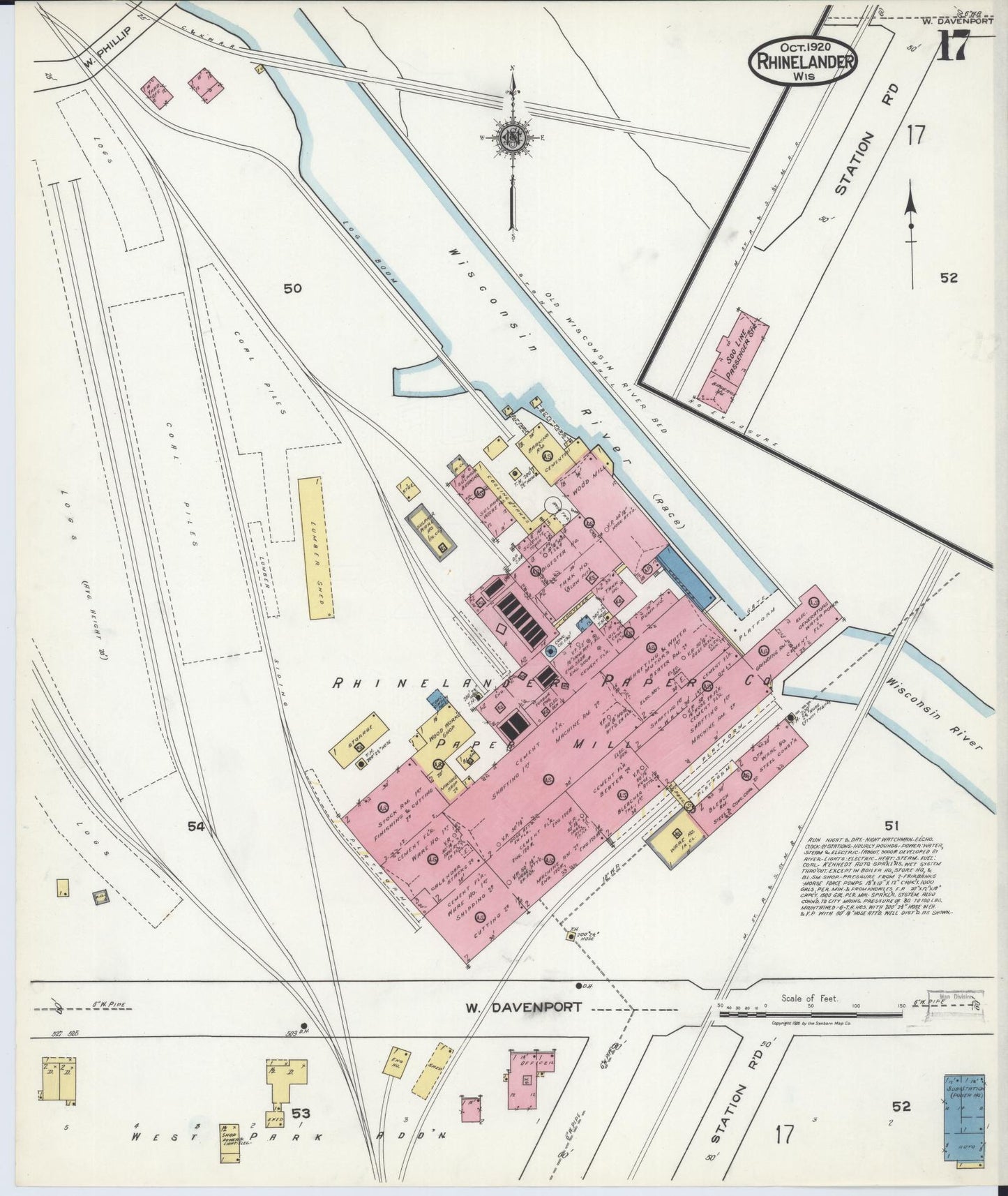 Sanborn Fire Insurance Map from Rhinelander, Oneida County, Wisconsin (1920), Sheet #0017 - Historic Sanborn Fire Insurance Map Print, vintage old map wall art, antique decor, genealogy gift, Wisconsin Wisconsin map