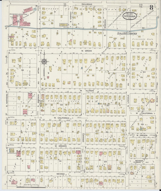 Sanborn Fire Insurance Map from Urbana, Champaign County, Illinois (1915), Sheet #0008 - Historic Sanborn Fire Insurance Map Print, vintage old map wall art, antique decor, genealogy gift, Illinois Illinois map