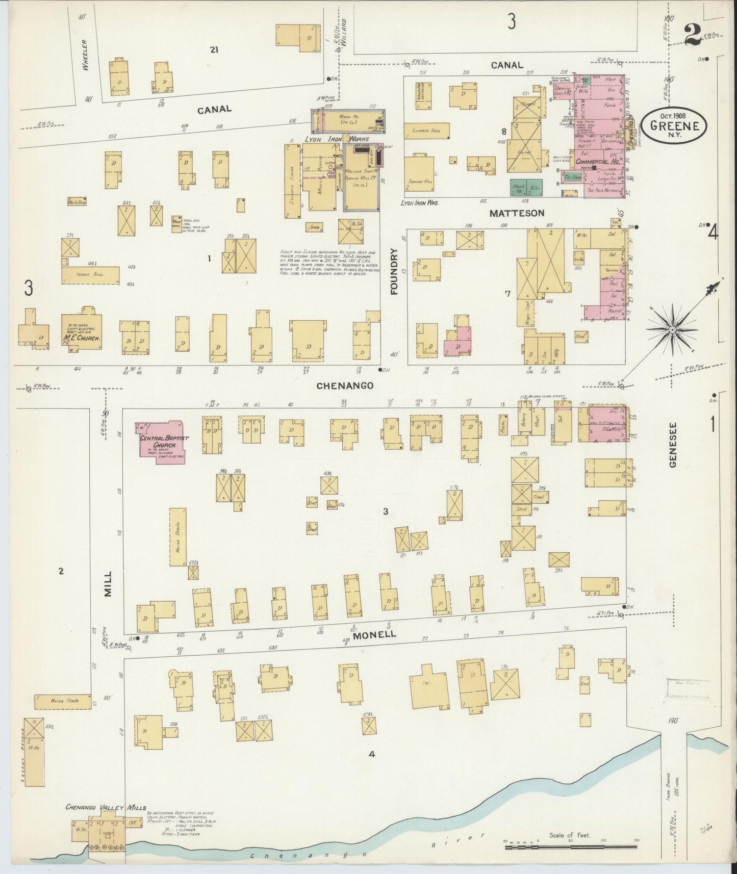 Sanborn Fire Insurance Map from Greene, Chenango County, New York (1908), Sheet #0002 - Historic Sanborn Fire Insurance Map Print, vintage old map wall art, antique decor, genealogy gift, New York New York map