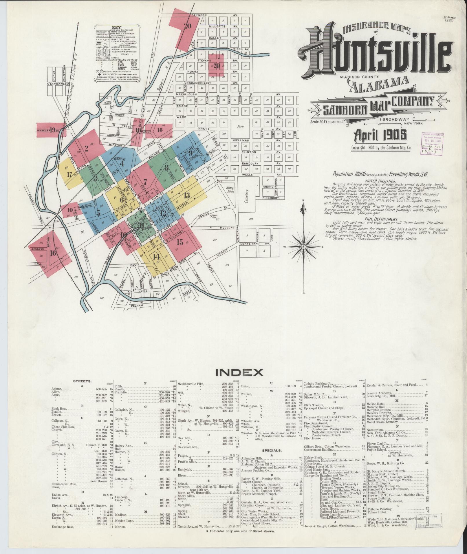 Sanborn Fire Insurance Map from Huntsville, Madison County, Alabama (1908), Sheet #0001 - Historic Sanborn Fire Insurance Map Print, vintage old map wall art, antique decor, genealogy gift, Alabama Alabama map