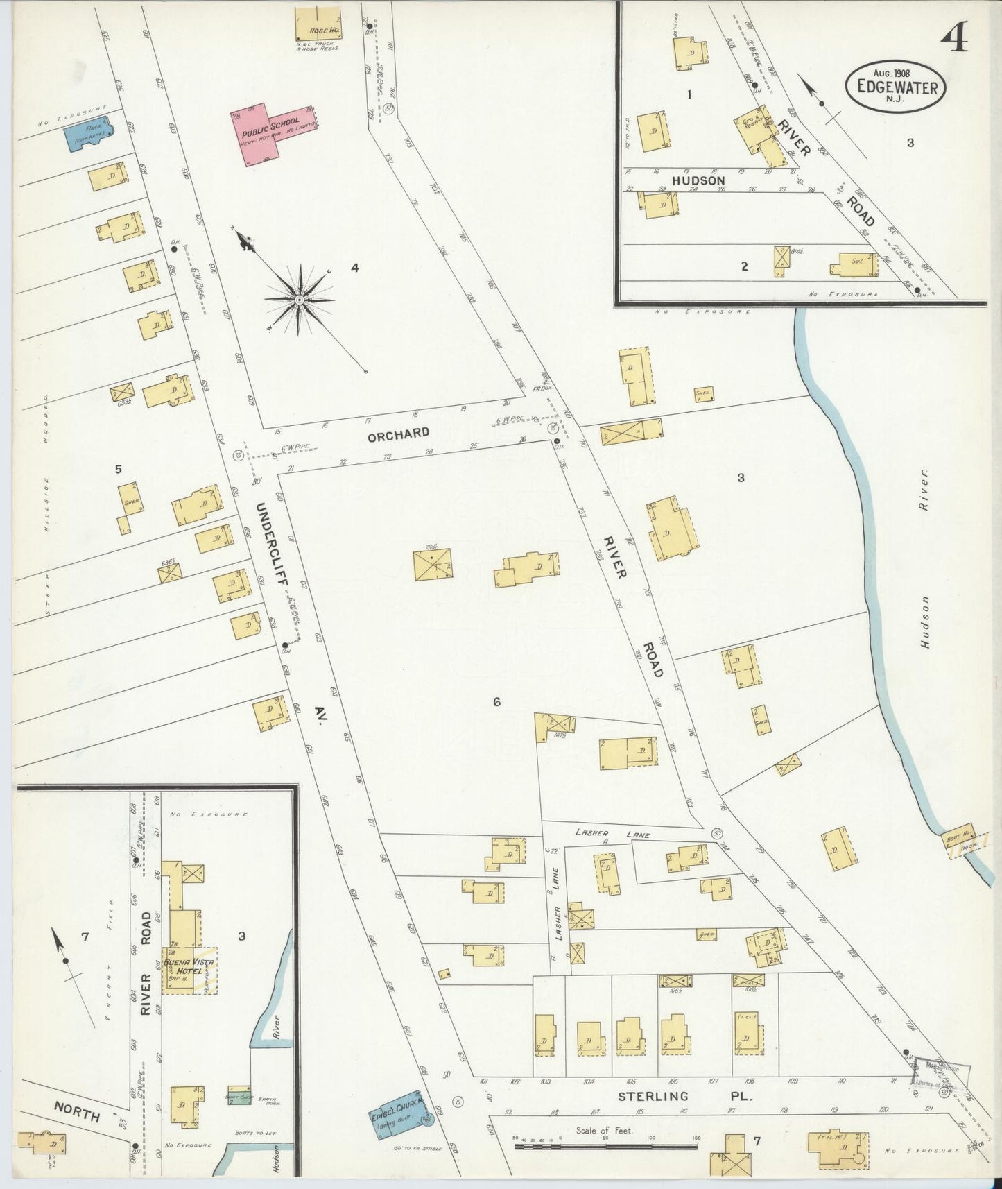 Sanborn Fire Insurance Map from Edgewater, Bergen County, New Jersey (1908), Sheet #0004 - Historic Sanborn Fire Insurance Map Print, vintage old map wall art, antique decor, genealogy gift, New Jersey New Jersey map