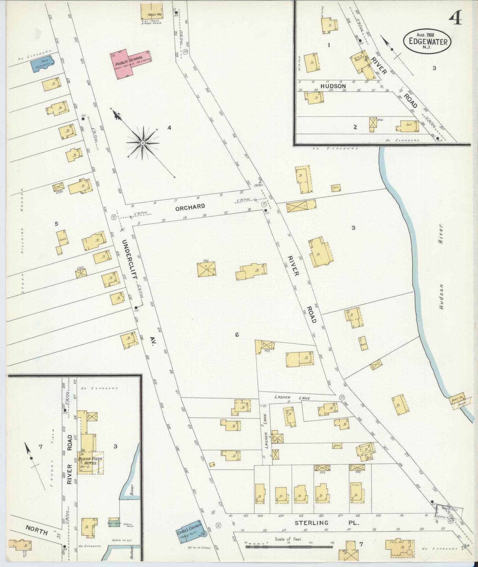 Sanborn Fire Insurance Map from Edgewater, Bergen County, New Jersey (1908), Sheet #0004 - Historic Sanborn Fire Insurance Map Print, vintage old map wall art, antique decor, genealogy gift, New Jersey New Jersey map